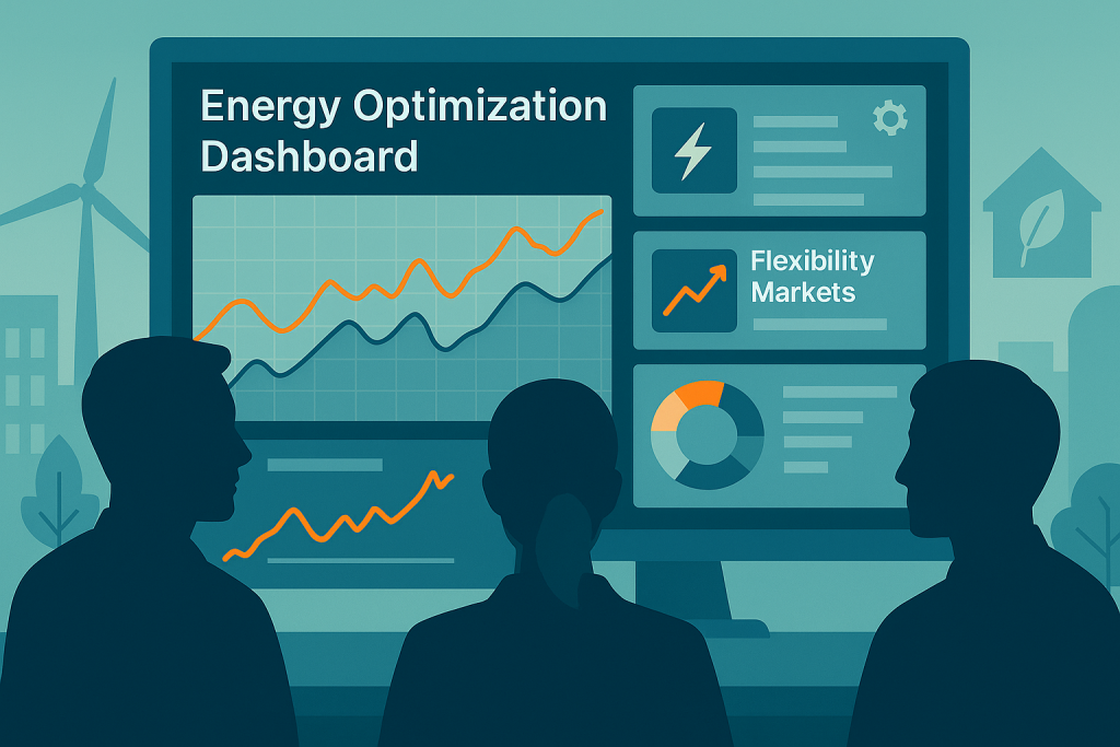 Team of professionals analyzing energy data and dashboards, collaborating on energy optimization strategies in a modern digital workspace.
